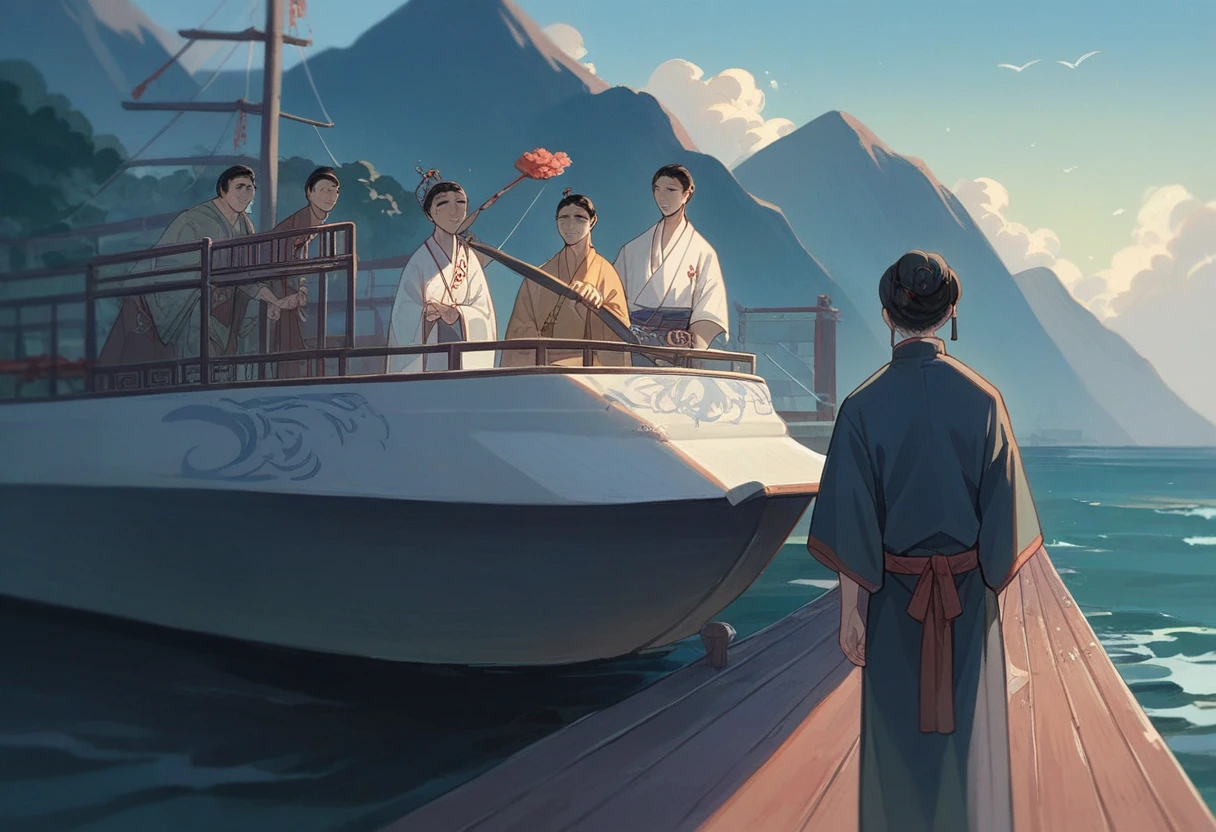 best quality，People wearing Hanfu standing on the boat ，Anime characters wearing Hanfu, Chinese, 穿着ancient China的衣服, ancient China, 身着ancient China服饰, Chinese traditional clothing, Chinese Fantasy