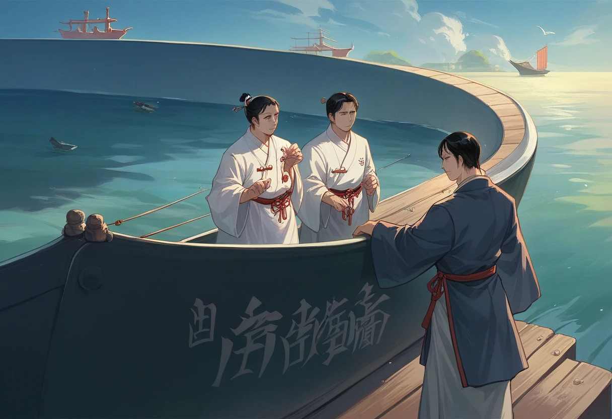 best quality，People wearing Hanfu standing on the boat ，Anime characters wearing Hanfu, Chinese, 穿着ancient China的衣服, ancient China, 身着ancient China服饰, Chinese traditional clothing, Chinese Fantasy