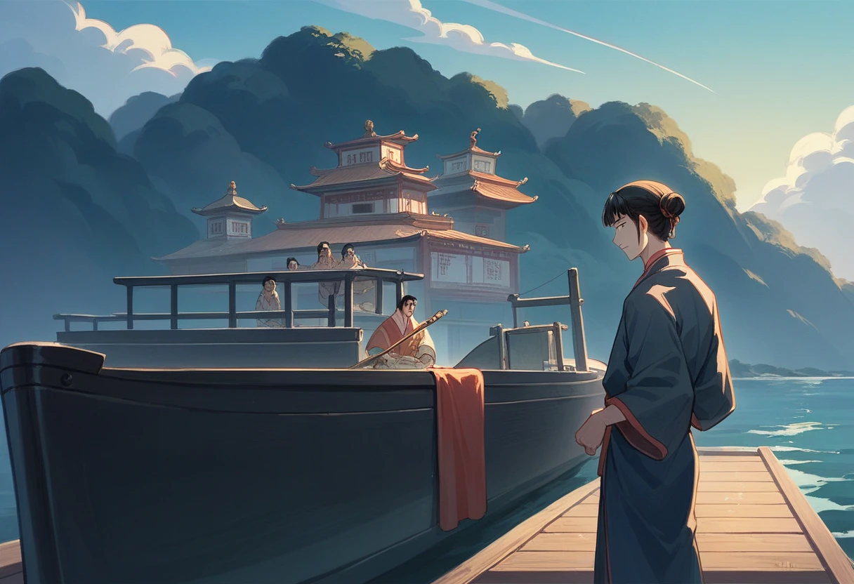 best quality，People wearing Hanfu standing on the boat ，Anime characters wearing Hanfu, Chinese, 穿着ancient China的衣服, ancient China, 身着ancient China服饰, Chinese traditional clothing, Chinese Fantasy