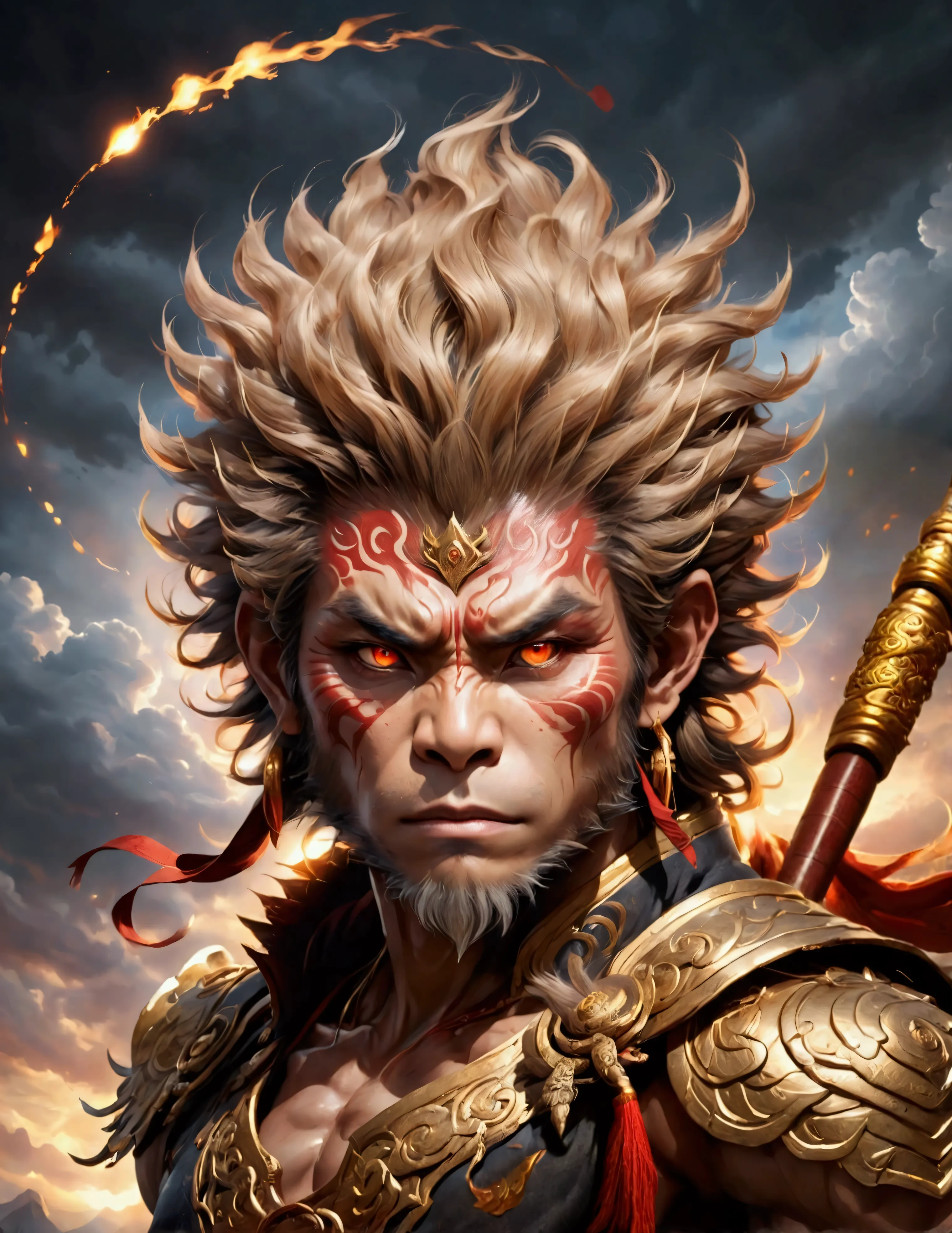 (wukong,1 male,he has monkey-like hair on his head and limbs.,the man is wearing martial arts clothing,dynamic pose,battle style...