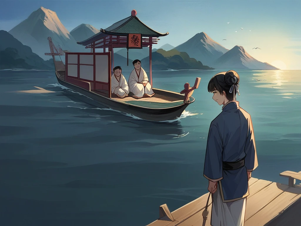 best quality，People wearing Hanfu standing on the boat ，Anime characters wearing Hanfu, Chinese, 穿着ancient China的衣服, ancient China, 身着ancient China服饰, Chinese traditional clothing, Chinese Fantasy