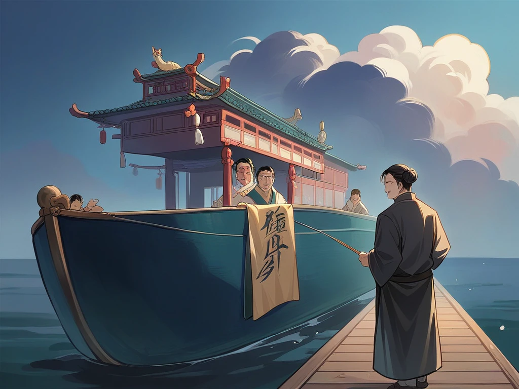 best quality，People wearing Hanfu standing on the boat ，Anime characters wearing Hanfu, Chinese, 穿着ancient China的衣服, ancient China, 身着ancient China服饰, Chinese traditional clothing, Chinese Fantasy