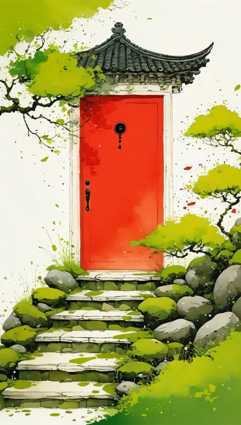 中国水墨画sketch：light ink，lowercase，sketch，artistic conception，long, moss-covered steps lead to a red door.，cloud，minimalism，(((nega...