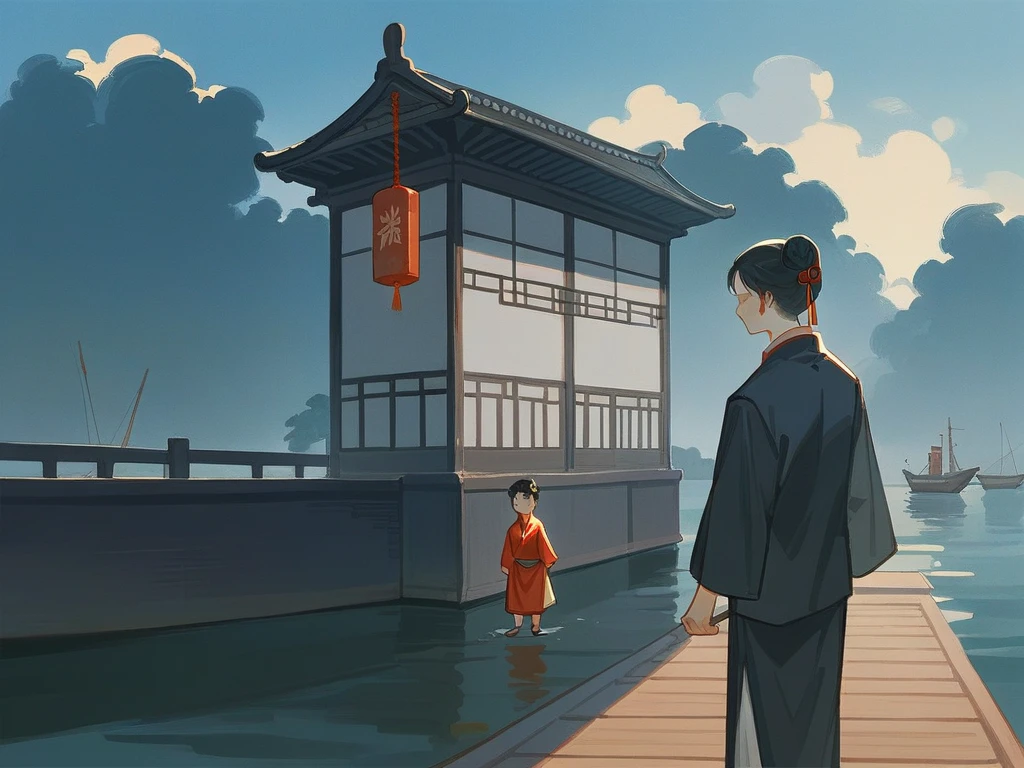 best quality，People wearing Hanfu standing on the boat ，Anime characters wearing Hanfu, Chinese, 穿着ancient China的衣服, ancient China, 身着ancient China服饰, Chinese traditional clothing, Chinese Fantasy