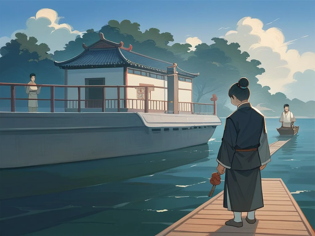 best quality，People wearing Hanfu standing on the boat ，Anime characters wearing Hanfu, Chinese, 穿着ancient China的衣服, ancient China, 身着ancient China服饰, Chinese traditional clothing, Chinese Fantasy