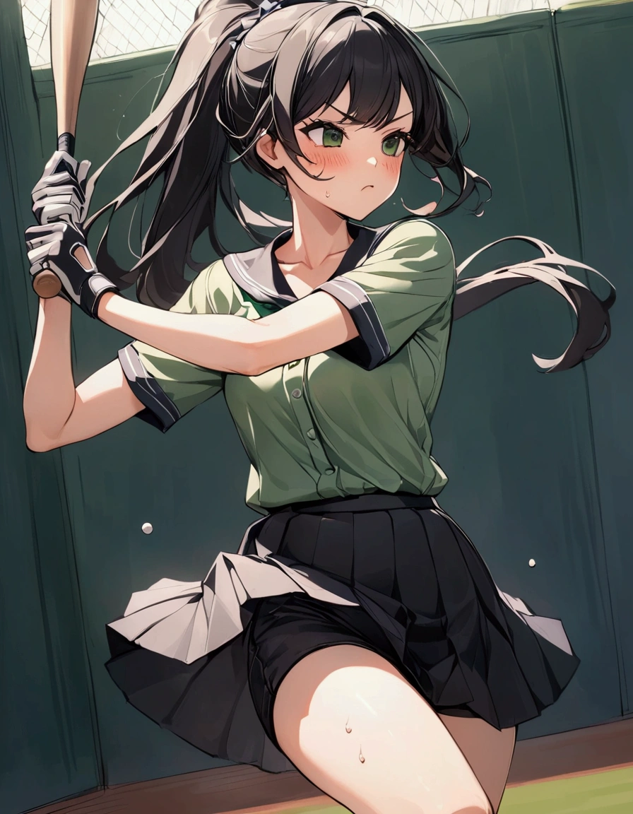 batting stance,{{Baseball bat-swing:1.8}}．Animated image of a player swinging a baseball bat at a ball,{{action}},{{Baseball bat-swing, skirt flips up, glimpse of black shorts:1.8}},striking out swinging,Black shorts in skirt,Cartoonish ,Line of effect,JK,1girl, solo, athlete body,{{swing a baseball bat:1.8}},Baseball bat,swing,twist,Rotation and twisting of the body,{{masterpiece}}, {{{Highest quality}}},{{Very detailed}},cowboy shot, dutch angle,Dynamic composition, A high school girl is swinging and missing at a batting cage,school uniform,mini skirt,Short sleeve blouse　clavicle　Knee-high socks　 Speed Line　Motion Lines　,Batting Center,Bat,Sweat,Bad mood, be flustered,frustrating,{{v-shaped eyebrows}},Bad mood,blush,Sweat,raise one's eyebrows　,Black Hair,batting glove,Indoor batting center,sidelong glance,Black Skirt,Long Hair,ponytail,Black shorts,Above the baseball batter's box,No one in the background ,Green wall background,motion blur