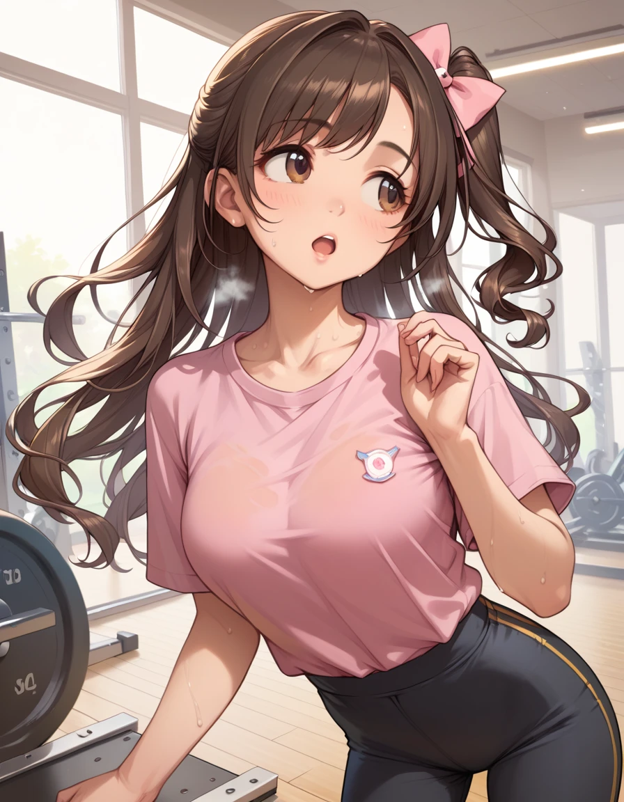 (score_8, score_8_up,masterpiece,highest quality,Perfect Anatomy,Exquisite detailed,hyper realistic)(realistic:0.7)solo,smmruzk,brown eyes,long hair, brown hair, one side up, hair bow, busty,pink shirt,black pants,steam,sweaty,looking away,open mouth,gym