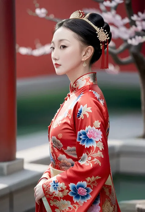 the empress of the qing dynasty is wearing a red floral patterned dress, completely naked, with her profile showing and her butt...