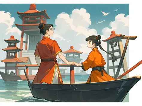 best quality，people wearing hanfu standing on the boat ，anime characters wearing hanfu, chinese, 穿着ancient china的衣服, ancient chi...