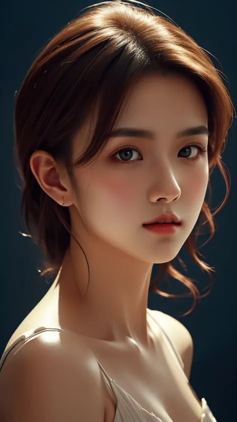 the artwork features a stunning portrait of a beautiful girl with a dark theme, ultra-sharp 16k cg, a masterpiece, excellent ima...