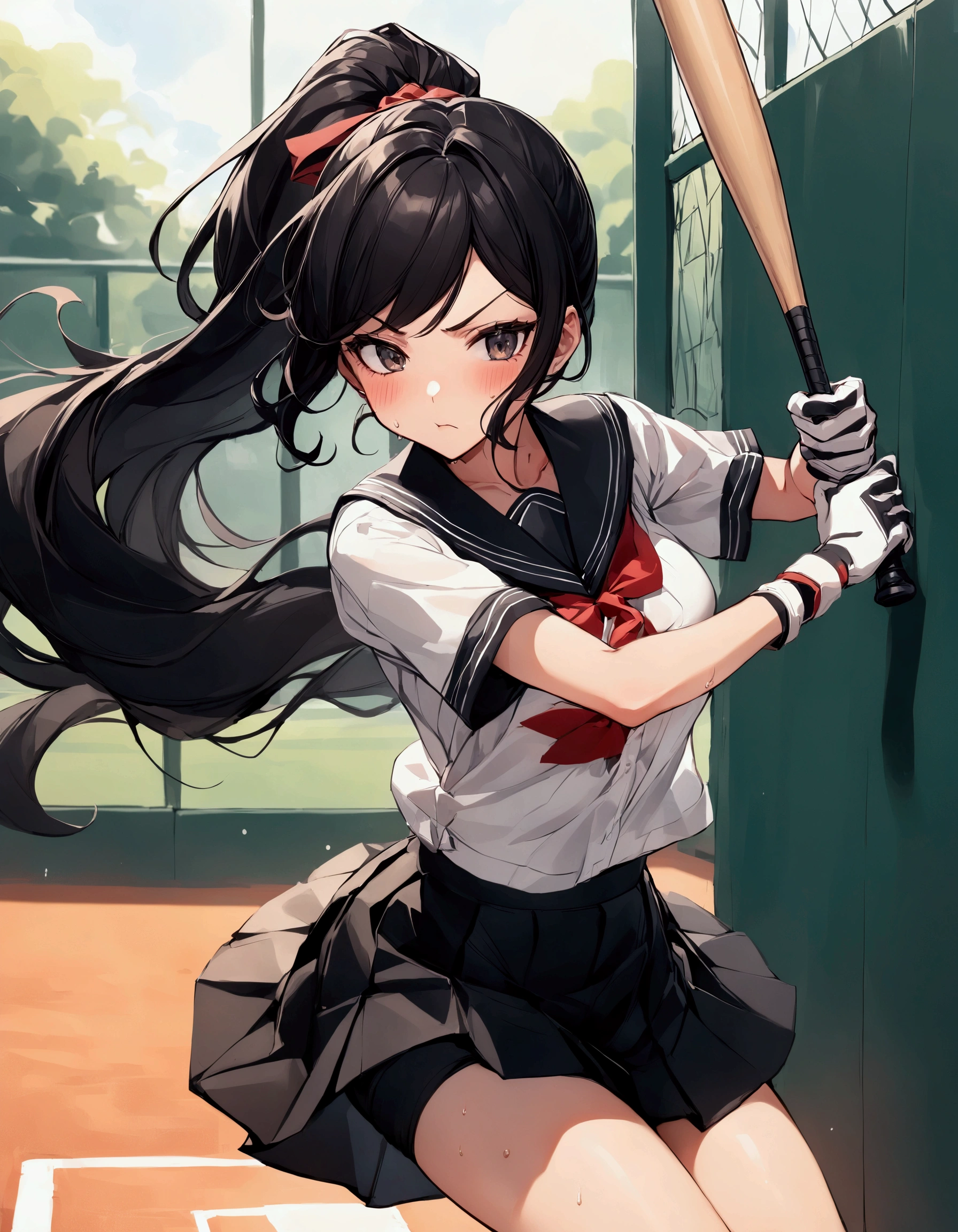 batting stance,{{Baseball bat-swing:1.8}}．Animated image of a player swinging a baseball bat at a ball,{{action}},{{Baseball bat-swing, skirt flips up, glimpse of black shorts:1.8}},striking out swinging,Black shorts in skirt,Cartoonish ,Line of effect,JK,1girl, solo, athlete body,{{swing a baseball bat:1.8}},Baseball bat,swing,twist,Rotation and twisting of the body,{{masterpiece}}, {{{Highest quality}}},{{Very detailed}},cowboy shot, dutch angle,Dynamic composition, A high school girl is swinging and missing at a batting cage,school uniform,mini skirt,Short sleeve blouse　clavicle　Knee-high socks　 Speed Line　Motion Lines　,Batting Center,Bat,Sweat,Bad mood, be flustered,frustrating,{{v-shaped eyebrows}},Bad mood,blush,Sweat,raise one's eyebrows　,Black Hair,batting glove,Indoor batting center,sidelong glance,Black Skirt,Long Hair,ponytail,Black shorts,Above the baseball batter's box,No one in the background ,Green wall background,motion blur