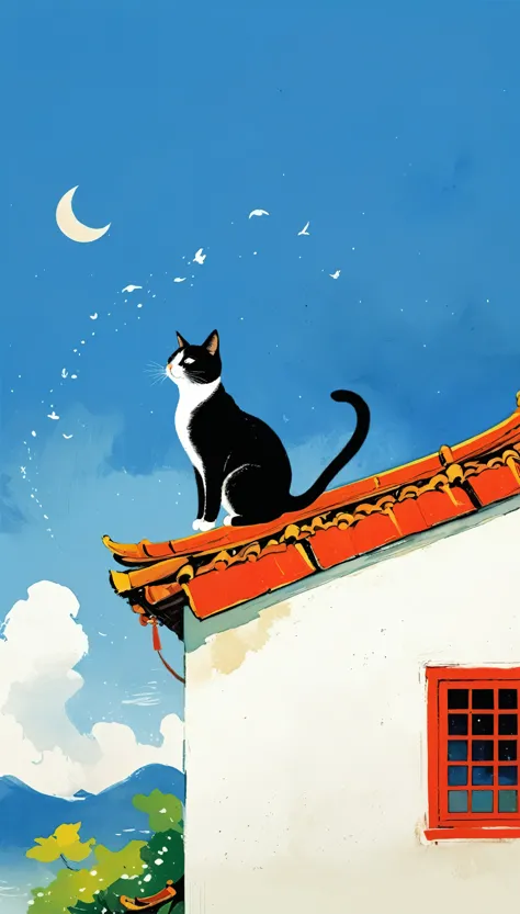 a painting，中国水墨画sketch：light ink，lowercase，sketch，artistic conception，a cat on the roof，fish in the sky，minimalism，(((negative s...