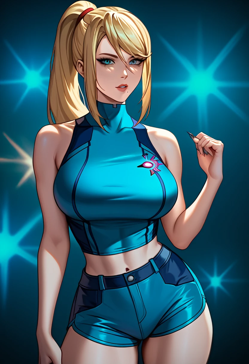 masterpiece, Highest quality, 1 person,( View your viewers,),Detailed Background、A person who writes in detail、Accurate human body、Knowledgeable person、(Accurate 5 fingers),Mature Woman,Thighsが太い,curvy body、Thighs、alone,(middle breasts),everythingSamus, blonde hair, blue crop top, blue shorts, bare shoulders, midriff,(bare arm),((sleeveless)),Cracked Ground、Being thrown to the ground