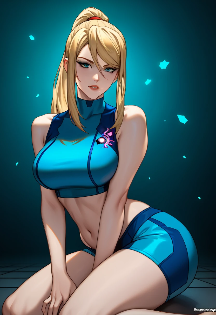 masterpiece, Highest quality, 1 person,( View your viewers,),Detailed Background、A person who writes in detail、Accurate human body、Knowledgeable person、(Accurate 5 fingers),Mature Woman,Thighsが太い,curvy body、Thighs、alone,(middle breasts),everythingSamus, blonde hair, blue crop top, blue shorts, bare shoulders, midriff,(bare arm),((sleeveless)),Cracked Ground、Being thrown to the ground