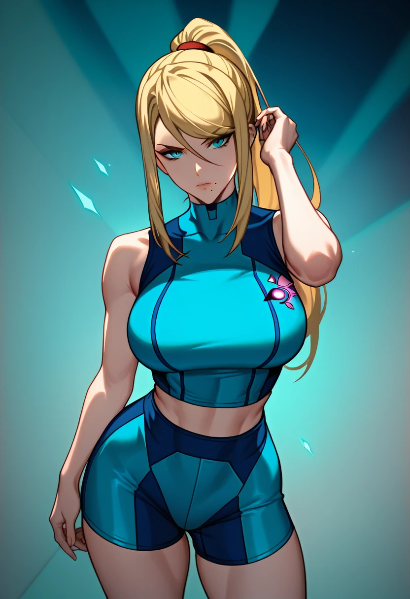 masterpiece, Highest quality, 1 person,( View your viewers,),Detailed Background、A person who writes in detail、Accurate human body、Knowledgeable person、(Accurate 5 fingers),Mature Woman,Thighsが太い,curvy body、Thighs、alone,(middle breasts),everythingSamus, blonde hair, blue crop top, blue shorts, bare shoulders, midriff,(bare arm),((sleeveless)),Cracked Ground、Face up on the ground、Faint,dying