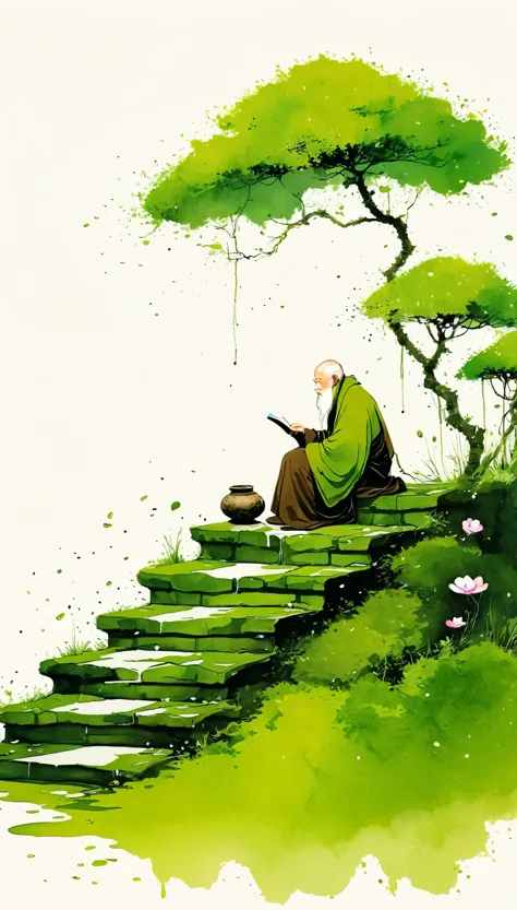 中国水墨画sketch：light ink，lowercase，sketch，artistic conception，the old monk on the moss-covered steps，minimalism，(((negative space,b...