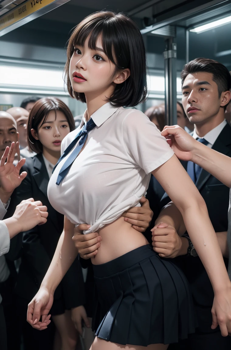 (molestation:1.8) japanese woman crying, very big breasts, oversized breasts, (white short sleeve shirt,darkblue neckribbon,pleated short skirt, darkbrown short length hair,bangs,ear:1.2),Chest grab, in the train, grab your butt, Multiple men around her grab her breasts, Chest grab, multiple hands, masterpiece, highest quality, very detailed, molestation, crowd of Business men, crowd surfing, very realistic face, very realistic eyes, crowd of men around her, the person who grabs her body, they squeezed her chest, molestation, masterpiece, highest quality, very detailed, 1 girl, multiple hands, Grab her ass with the crazy crowd, Chest grab, the men around her, squeezed her body, Many Business people grab girls chests, Be beaten, pulling on clothes, very wet and sweaty, grab clothes, (There are no women in the crowd:1.5), man with necktie, sexy with man, naked