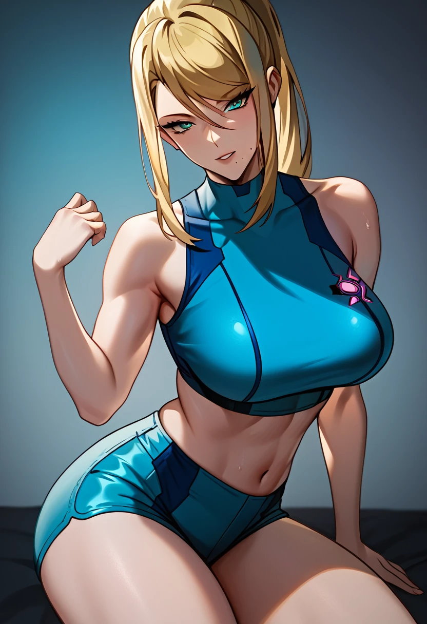 masterpiece, Highest quality, 1 person,( View your viewers,),Detailed Background、A person who writes in detail、Accurate human body、Knowledgeable person、(Accurate 5 fingers),Mature Woman,Thighsが太い,curvy body、Thighs、alone,(middle breasts),everythingSamus, blonde hair, blue crop top, blue shorts, bare shoulders, midriff,(bare arm),((sleeveless)),