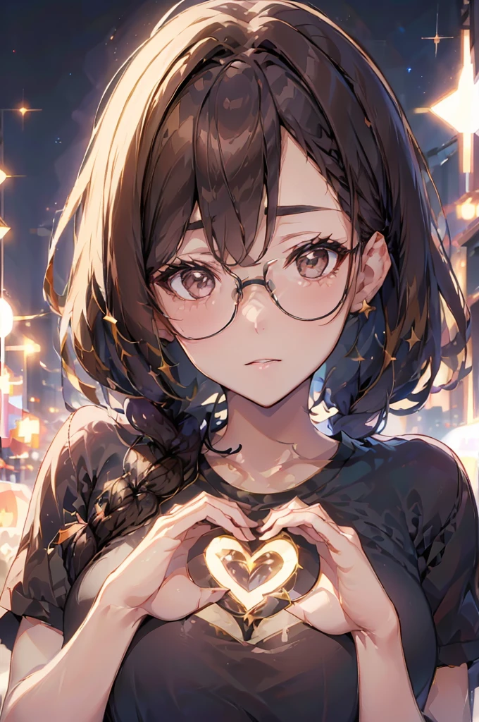 (anime screencap:1.2), masterpiece, best quality, ultra detailed 8k, (cute girl with one braid:1.2), (dark brown hair, (low ponytail, one braid), braid with ribbon), , light brown eyes, droopy eyes, glasses, happy smile, large breasts, (many sparkles, sparkle:1.4), (heart hands, spoken heart, many hearts, giving hearts at viewer), 
BREAK
simple black t-shirt, upper body, from front, dynamic angle, simple background