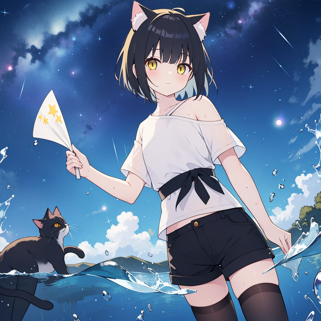 masterpiece, super high quality, One person, Solo Boy, Black hair and cat ears, Yellow Eyes, ((Straight hair)), short hair, (Shoulder-length hair), shirt, Shorts, Black Stockings, In the water, Starry night sky, Grab the sky