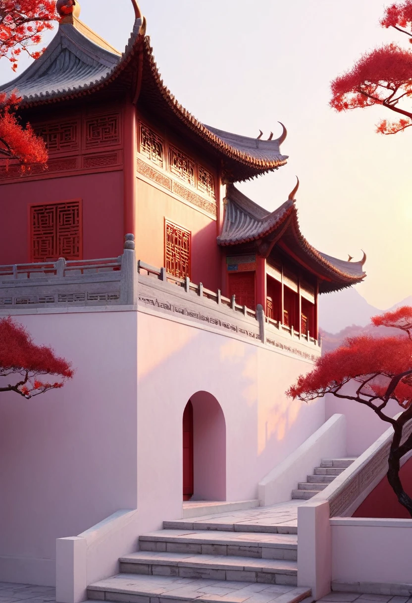 Red palace walls，Sunset，plum bossom，Chinese aesthetic，White Space，Minimalism，Ultra HD，Soft material