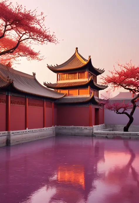 red palace walls，sunset，plum bossom，chinese aesthetic，white space，minimalism，ultra hd，soft material