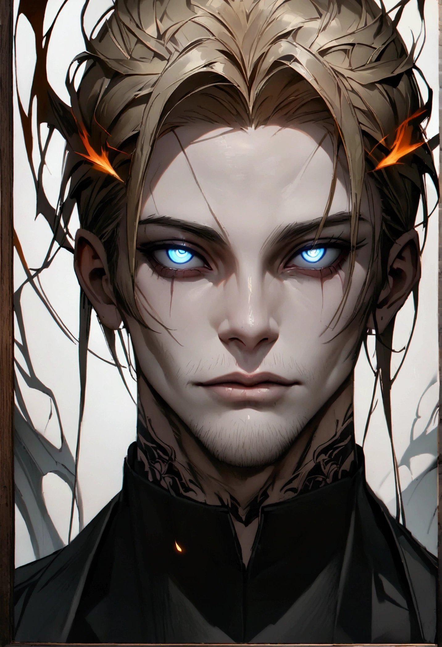 Pale skin and thin face. Romanian ethnicity with messy blonde hair and stubble on chin. Wearing a black suit and black shirt, with intense almond shaped eyes burning. A sense of power and authority. A robust appearance. Young man. layered eyes, "Lean Physics" ,"conceptual artwork," , "high détail", "high resolution", "ominous aura,", "8K resolution", "oil painting", "darker tone" , "low saturation" ,"dark feeling", "conceptual artwork" , "detailed features" , "detailedeyes" (work of art), highest quallity, "expressive eyes", "tattooed neck" ,"highest quallity", (work of art),