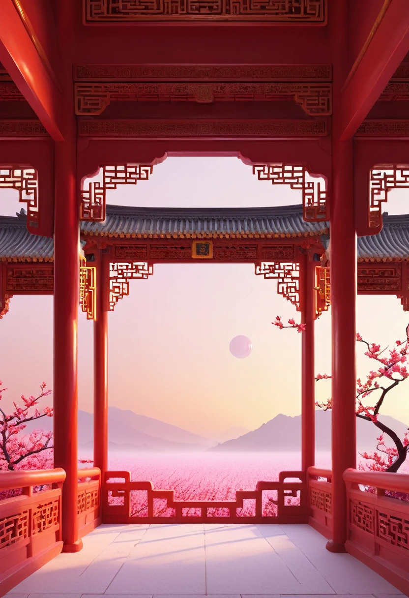 Red palace walls，Sunset，plum bossom，Chinese aesthetic，White Space，Minimalism，Ultra HD