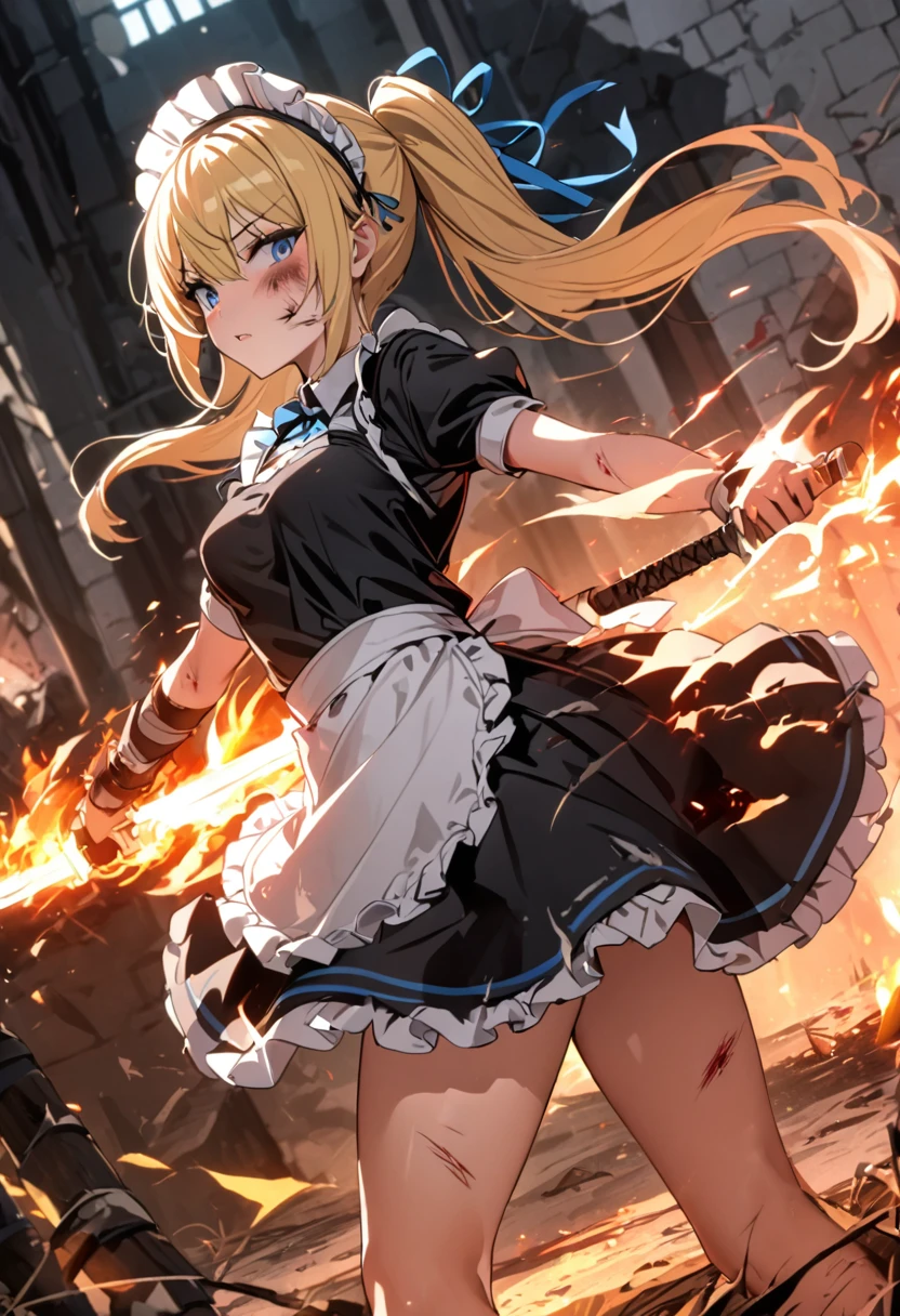 (8k, super high quality, masterpiece), (detailed), One Woman, Small breasts, Blonde, cute, Slightly longer length, Blue ribbon, Apron dress, Maid clothes, Slash with a two-handed sword, Western-design sword, Perfect Stance, Burning Battlefield, Castle Defense, My whole body is dirty., Torn clothing, A strong enemy in front of me, Deadly Combat, Intense Combat, Quite dirty, Scorched, injury, Blood