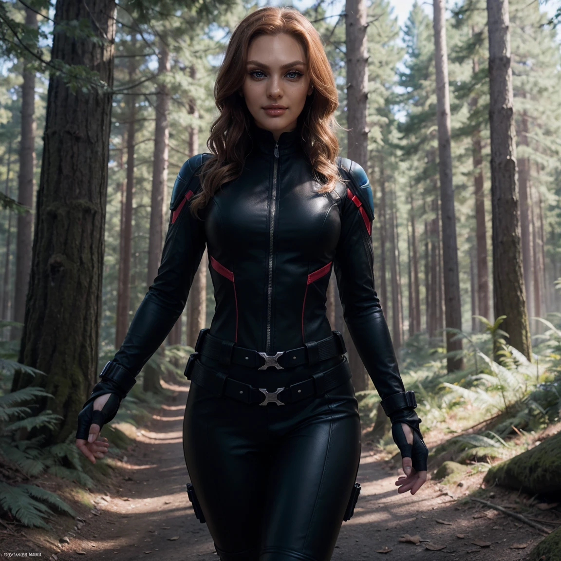 (Best Quality), (ultra-detailliert), (master piece), (hight resolution), 16K resolution, 1 woman, 20 years old, black widow, black widow from marvel, marvel, looking at viewer, close up shot, dynamic pose, sassy smile, confident, black widow dress, wearing full body suit with zipper, deep cleevage, fingerless gloves with white trim, high boots, tigh black belt, leather straps that hold knives, light blue eyes, ((bright blue eyes)), blonde hair, long hair, (beautiful and detailed face), action movie actor, hourglass body shape, slender waist, narrow shoulders, outside, german forest, oak forest, in the middle of the forest, misty mounatins in background, sunrise, sunshine