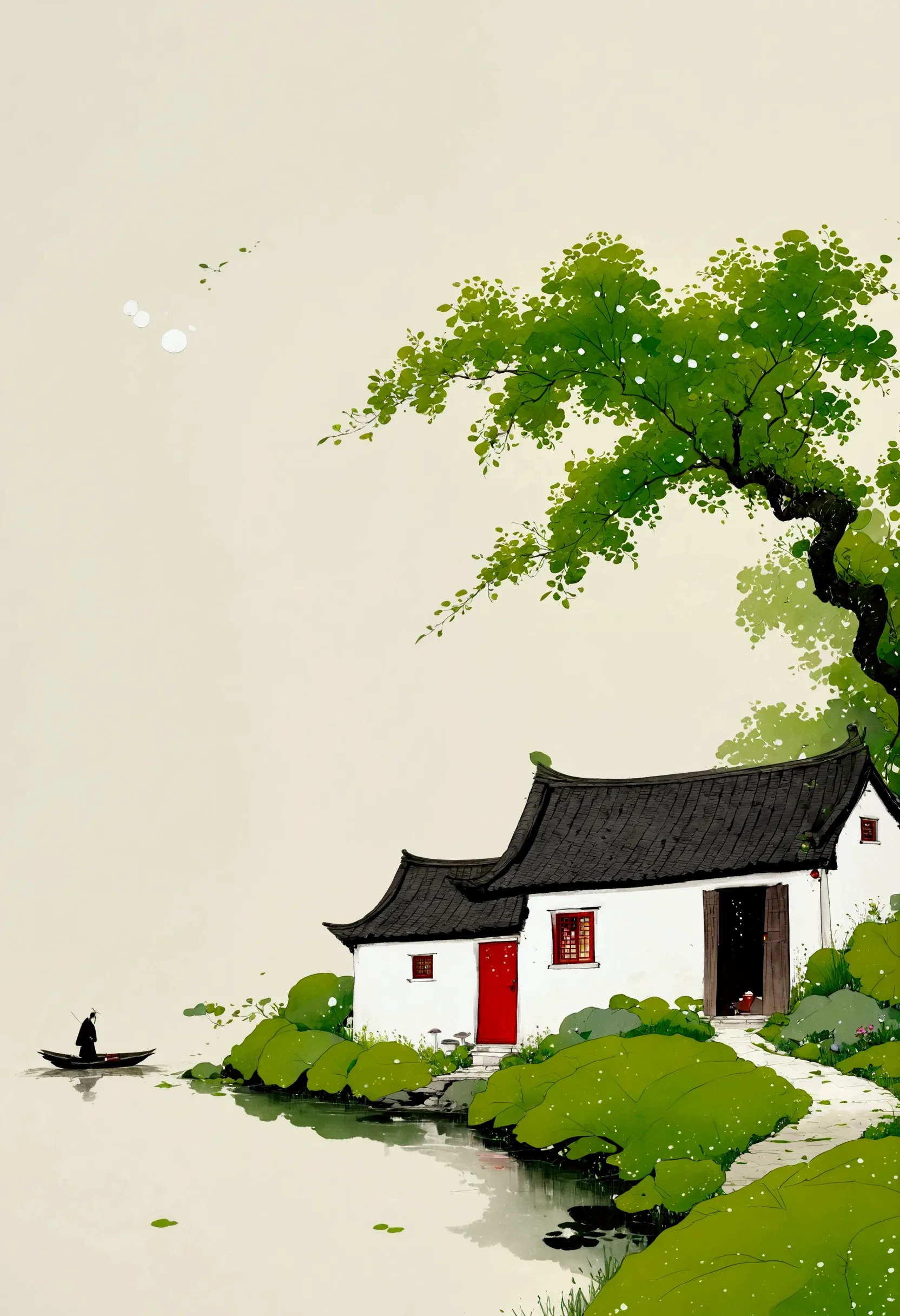 sky占比2/3.chinese ink painting sketch：peaceful and freehand，artistic conception:2.dot，a thatched cottage on a winding path，flock，...