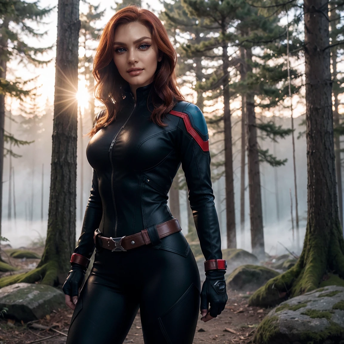 (Best Quality), (ultra-detailliert), (master piece), (hight resolution), 16K resolution, 1 woman, 20 years old, black widow, black widow from marvel, marvel, looking at viewer, close up shot, dynamic pose, sassy smile, confident, black widow dress, wearing full body suit with opened zipper, deep cleevage, big natural breasts, fingerless gloves with white trim, high boots, tigh black belt, leather straps that hold knives, light blue eyes, ((bright blue eyes)), red hair, red tied back hair, (beautiful and detailed face), action movie actor, hourglass body shape, slender waist, narrow shoulders, outside, german forest, oak forest, in the middle of the forest, misty mounatins in background, sunrise, sunshine