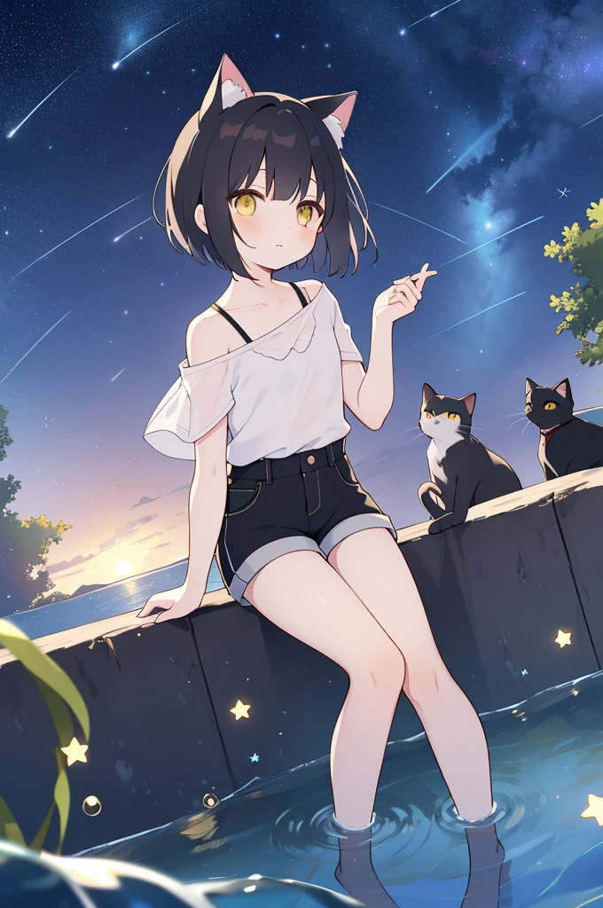 masterpiece, super high quality, One person, Solo Boy, Black hair and cat ears, Yellow Eyes, ((Straight hair)), short hair, (Shoulder-length hair), shirt, Shorts, Black Stockings, In the water, Starry night sky, Look up and reach your hands out to the sky