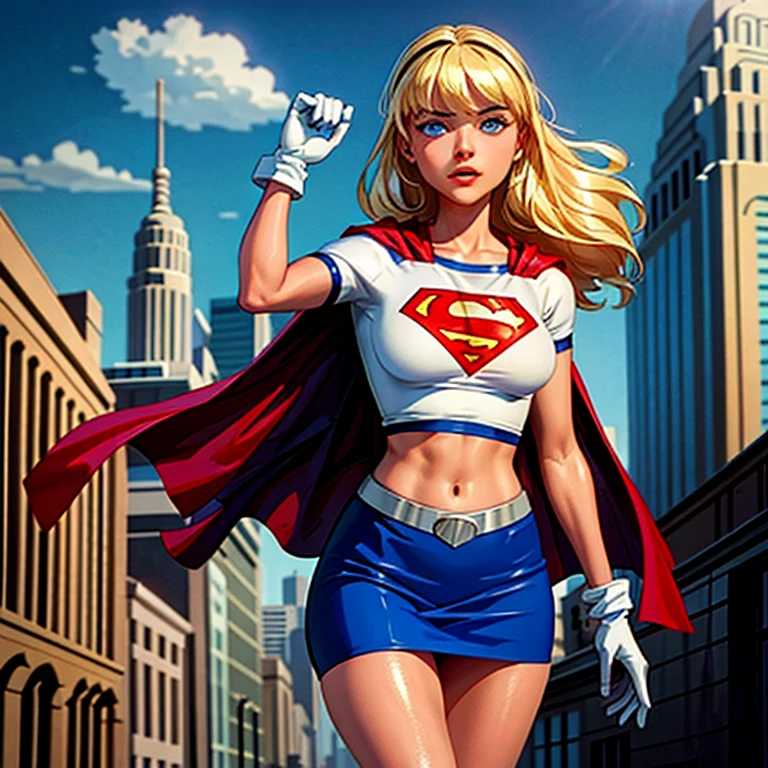 (cowboy shot), SFW, (masterpiece), (best quality: 1.0), (ultra highres: 1.0), detailed eyes,
BREAK
Supergirl, 1girl, long blonde hair, in the air, flying
hair band, \(white\) crop top, short sleeves, cape, blue pencil skirt, gloves, boots
BREAK
(clouds, city in ruins, seen after apocalyptic)