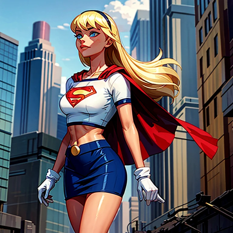 (cowboy shot), SFW, (masterpiece), (best quality: 1.0), (ultra highres: 1.0), detailed eyes,
BREAK
Supergirl, 1girl, long blonde hair, in the air, flying
hair band, \(white\) crop top, short sleeves, cape, blue pencil skirt, gloves, boots
BREAK
(clouds, city in ruins, seen after apocalyptic)