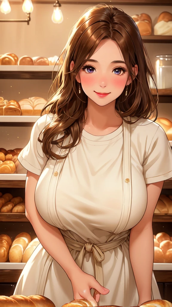 (High quality, High resolution, Fine details), a bakery staff working in a cozy bakeshop, freshly baked bread, warm lighting, vintage decor, natural wood accents, solo, curvy adult women, light brown hair, sparkling eyes, (Detailed eyes:1.2), smile, blush, Sweat, Oily skin, natural lighting, Soft tones, shallow depth of field