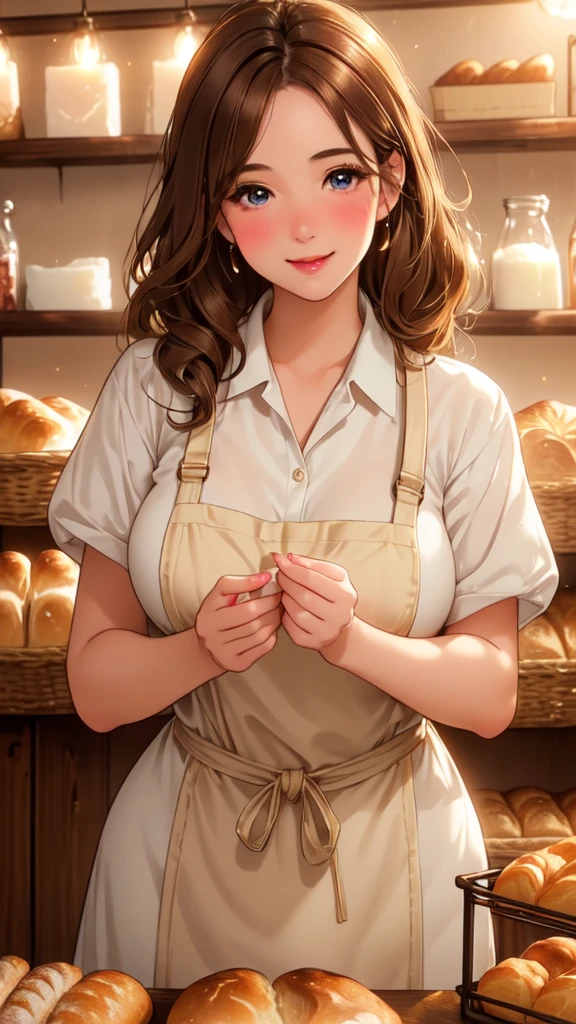 (High quality, High resolution, Fine details), a bakery staff working in a cozy bakeshop, freshly baked bread, warm lighting, vintage decor, natural wood accents, solo, curvy adult women, light brown hair, sparkling eyes, (Detailed eyes:1.2), smile, blush, Sweat, Oily skin, natural lighting, Soft tones, shallow depth of field