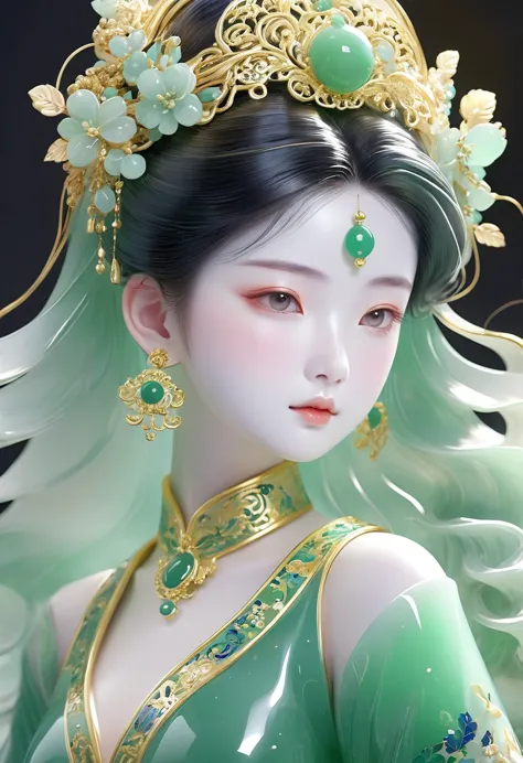 green，gold inlaid jade，blue and white porcelain girl，