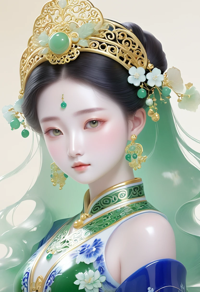 green，Gold inlaid jade，Blue and White Porcelain Girl，