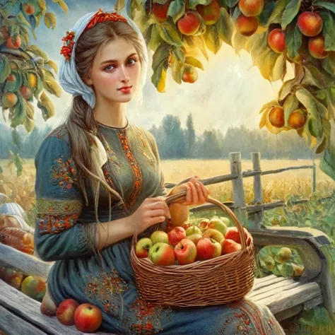 painting of a woman, sitting on a bench with a basket of apples, the goddess of the autumn harvest, beautiful digital images, ig...