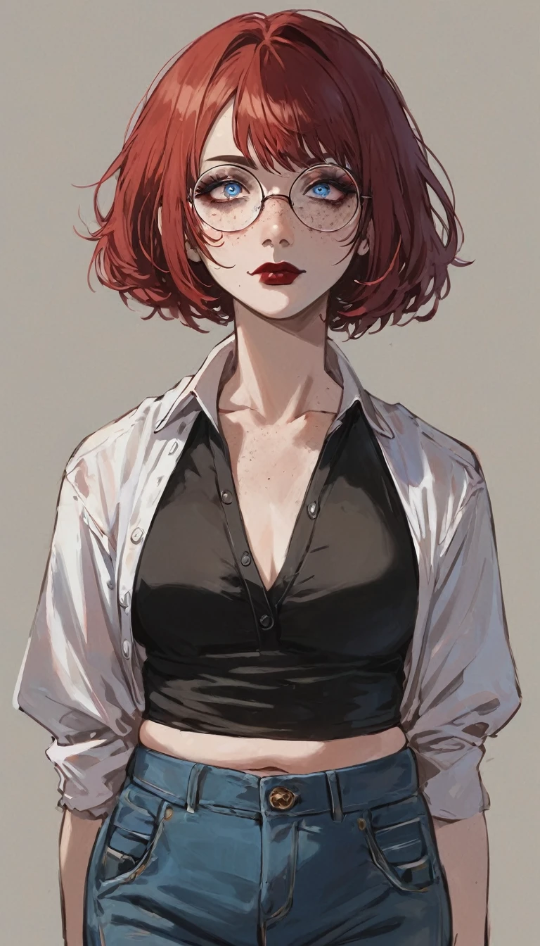 score_9, score_8_up, score_7_up, score_6_up, soruce_anime, 1 red haired woman (red bob cut, medium scarlet hair, shoulder length red hair, pale white skin, human, freckles on face and body, forehead, round glasses, blue eyes, dark red lipstick, eyeshadows, make up, eyeliner, square chin, slightly chubby face, almond eyes, white unbuttoned shirt, black crop top, jeans, emotionless)