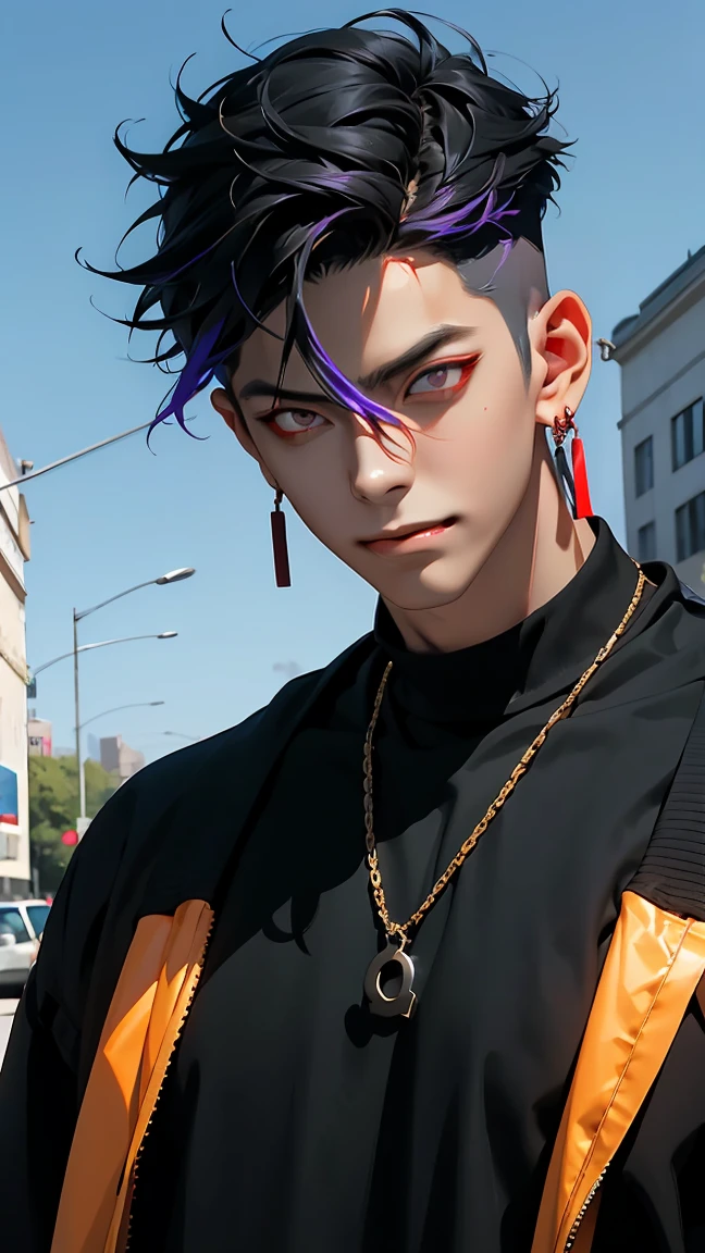 highest quality, 8K, high resolution image, anime style Jujutsu Kaisen, dark skin, (Cú Chulainn (Alter) | Fate | FGO ) detailed strokes, crazy look, piercing gaze, out of focus, purple light is reflected from it, (close angle), 1 man, young, male, model, hand in pocket, cool guy, multicolored background with various geometric shapes, all around stickers, muscular, Blue hair, red eyes, multicolored hair, blue hair, hair between the eyes, highlighted hair, puffy chest, he is wearing a black Sweater, black gloves, sweatpants, gold link chain, Hand in the Pocket, background: he ist standing, big city, streets, park, people, blue sky, cars, bicycle