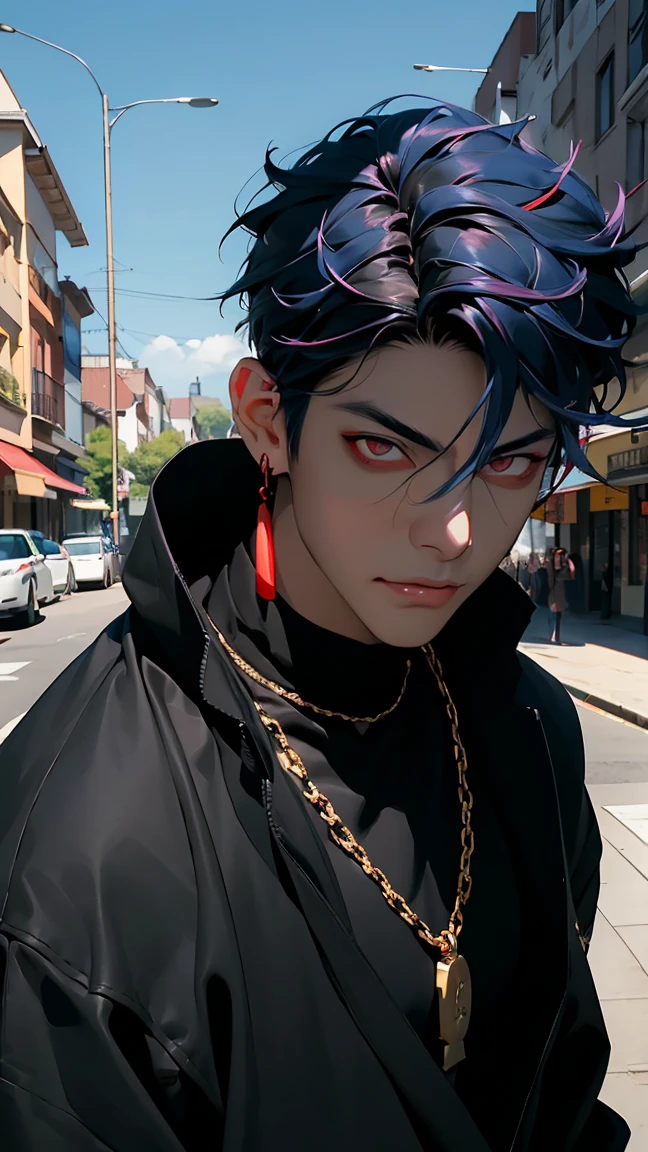 highest quality, 8K, high resolution image, anime style Jujutsu Kaisen, dark skin, (Cú Chulainn (Alter) | Fate | FGO ) detailed strokes, crazy look, piercing gaze, out of focus, purple light is reflected from it, (close angle), 1 man, young, male, model, hand in pocket, cool guy, multicolored background with various geometric shapes, all around stickers, muscular, Blue hair, red eyes, multicolored hair, blue hair, hair between the eyes, highlighted hair, puffy chest, he is wearing a black Sweater, black gloves, sweatpants, gold link chain, Hand in the Pocket, background: he ist standing, big city, streets, park, people, blue sky, cars, bicycle