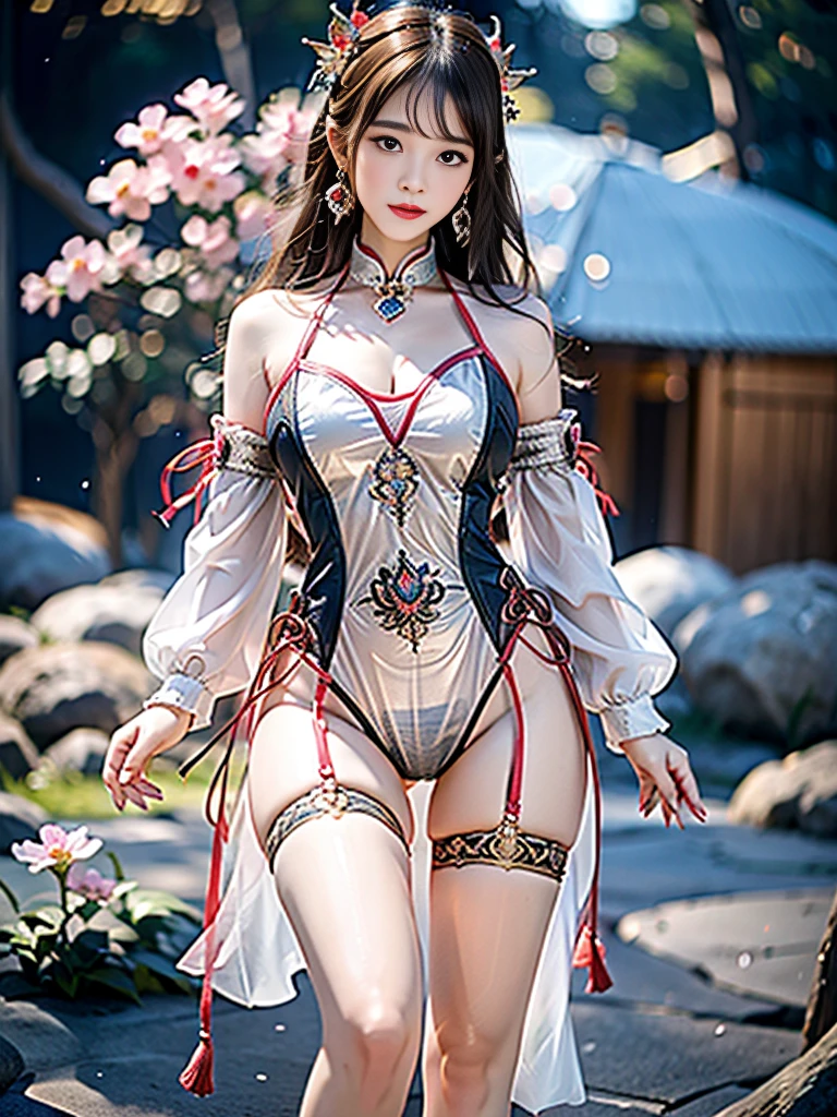 A female model, (Race:Chinese),((night, Maple Forest, moonlight, Thick fog)), (8K Ultra HD, 8K, Ultra-high resolution, best quality, masterpiece, Surrealism, Digital SLR Camera, Soft Light, Bokeh, Masterpieces), ((((Beautiful model-like face))), (Creating the image of a real girl), warm light, Realistic shadows, Dynamic poses, Elegant Posture, Cowboy lens, Full body front view, Be confident, Body facing the camera, Standing facing the camera, Open your legs slightly, Golden Ratio Graphics, Minimalism), (Happy smile, Big watery eyes, Cherry Blossom, Balanced Eyes, Perfect beautiful face, Normal facial features, Realistic skin, Attention to skin details, Skin is clean and radiant, Whitening, Anatomically correct body, 沙漏型figure, figure, cosmetic, Gloves, earrings, bracelet, necklace, Jewelry, veil, Hair accessories, Headdress, shawl), ((beautiful hair), Reddish-brown hair, Wavy curly hairstyle, Waist-length hair, Messy Hairstyle, Gradient hairstyles, Cyberpunk hairstyle), ((Transparent clothes：1.5), (Color of clothes: Pink background with blue border), Transparent Clothes, See-through clothes, Transparent Clothes, Tulle clothes, Mesh clothes, Transparent sci-fi clothes, Shiny micro bikini bra, (Clothes that accentuate your bust shape)), (Sexy的, Perfect breast shape, Teardrop chest shape, Snow-white breasts, very detailed breasts, 36C cups), (Super high waist, Deep V, Low-cut, Sexy, Flattering, Open crotch, (Camel toe, High fork strangulation)), (sock, Knee socks, 吊garter, Leg ring, garter, 腿部garter), (style:Sexy,Mature), (Wet body:1.0) , (Wet clothes:1.0) 