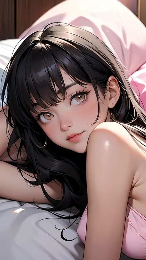 masterpiece, highest quality, long black hair, hello, bangs, yellow eyes, (( pink good )),small breasts, blush, a small smile, f...