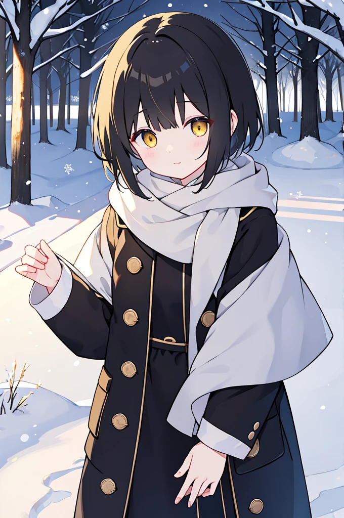 Play in the snow、Black short hair、Yellow Eyes、Curious atmosphere、Warm clothes