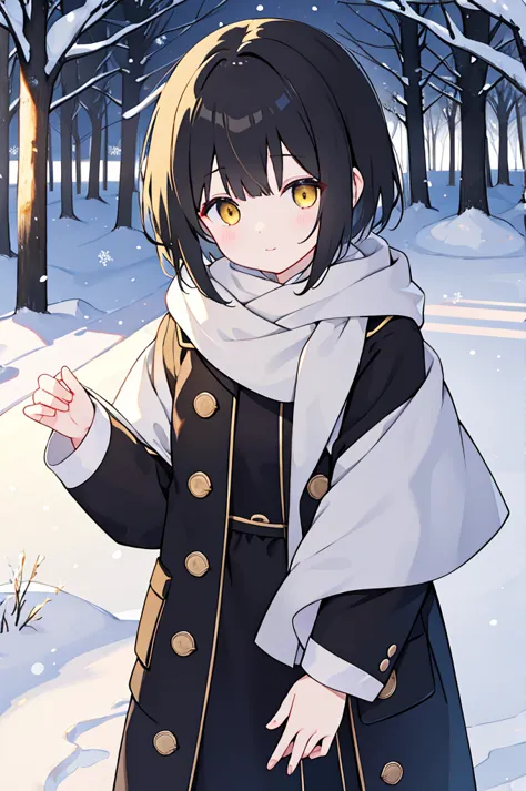 play in the snow、black short hair、yellow eyes、curious atmosphere、warm clothes