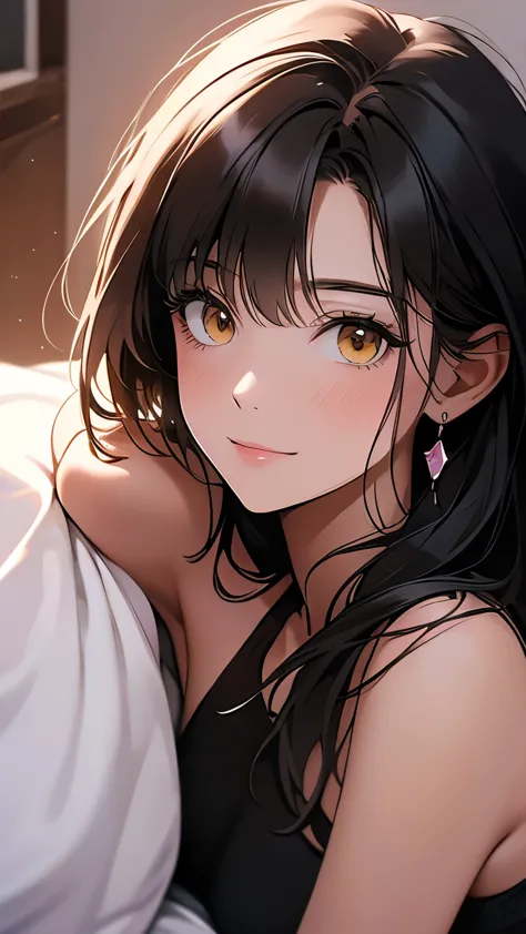 masterpiece, highest quality, long black hair, hello, bangs, yellow eyes, (( pink good )),small breasts, blush, a small smile, f...