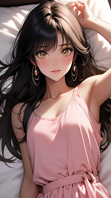 masterpiece, highest quality, long black hair, hello, bangs, yellow eyes, (( pink good )),small breasts, blush, a small smile, f...