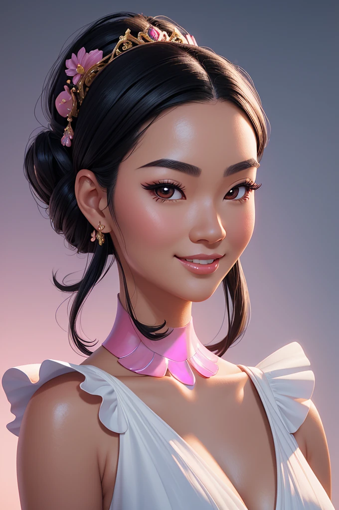 caricature with big head of a beautiful asian woman, shoulderlength black hair, wearing a shoulder off white dress, slightly smile, detailed facial face, realistic facial face, shiny skin, ultra oily skin, glossy image, dark pink gradient background, fantasy art, 3d render, caricature big head